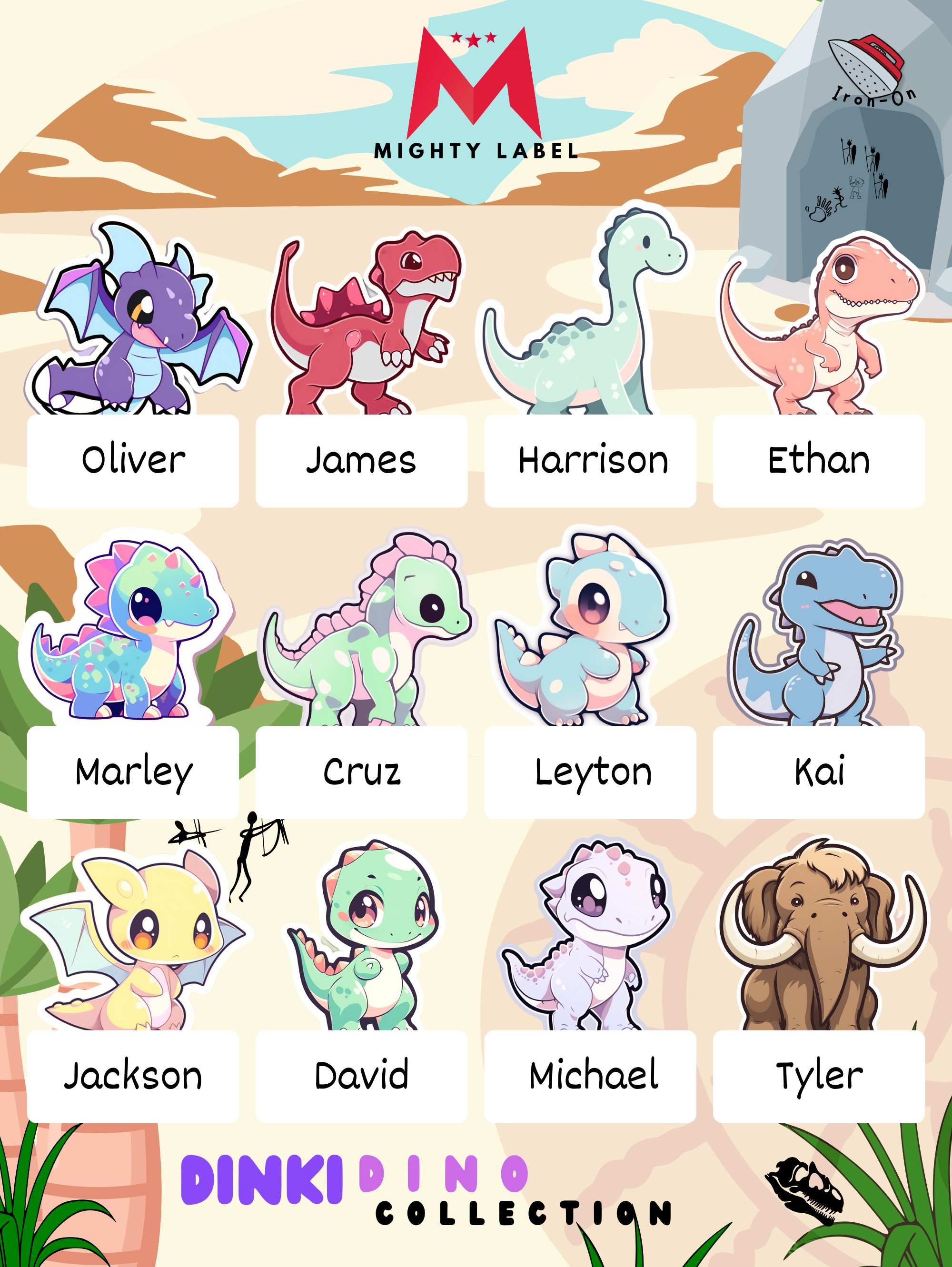 Dinky Dino Custom Clothing Labels - Pack of 24 for School Uniforms | The Mighty Label