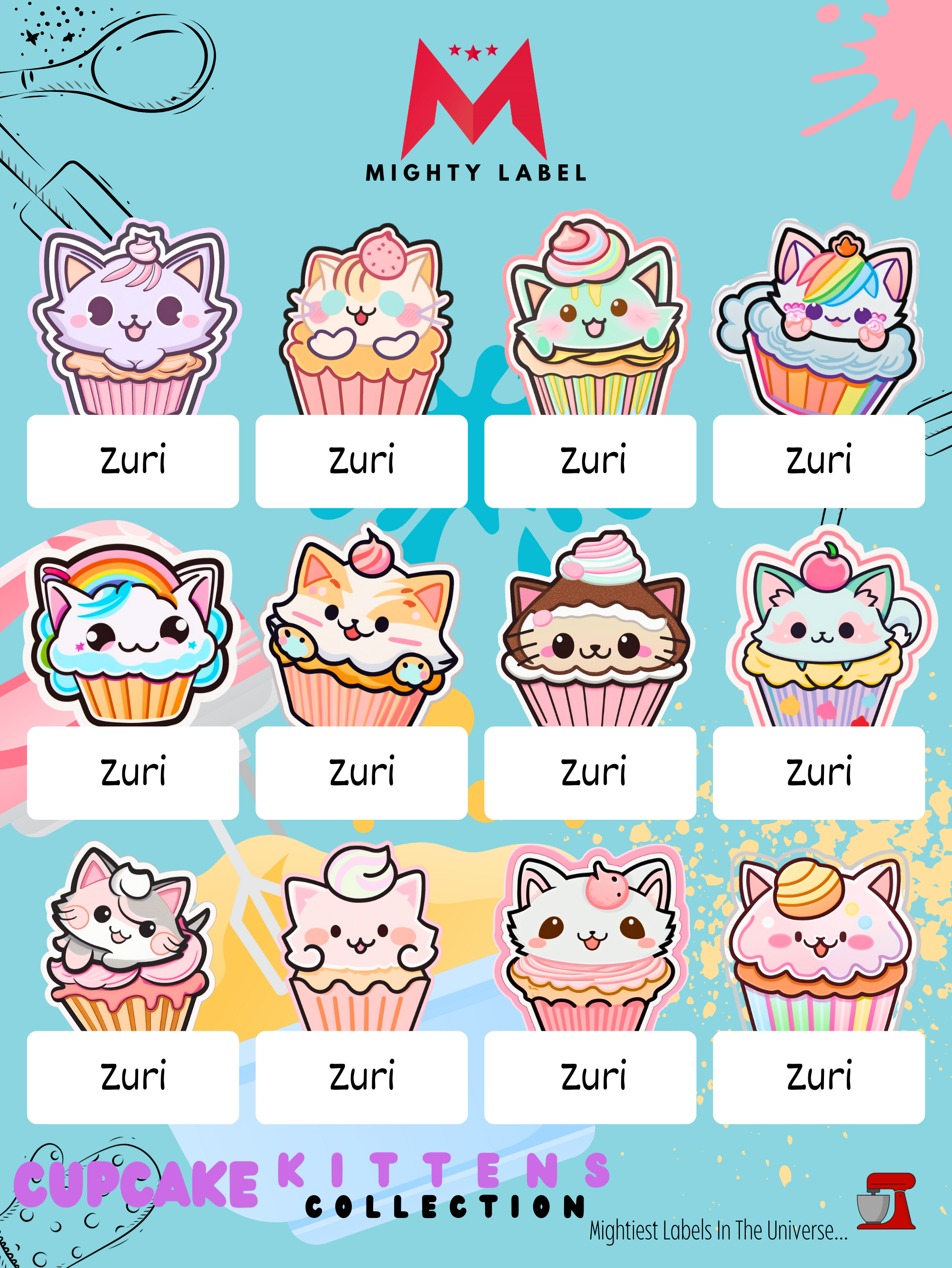Personalised Cupcake Kitten Name Labels - Water-Resistant for School Gear | The Mighty Label