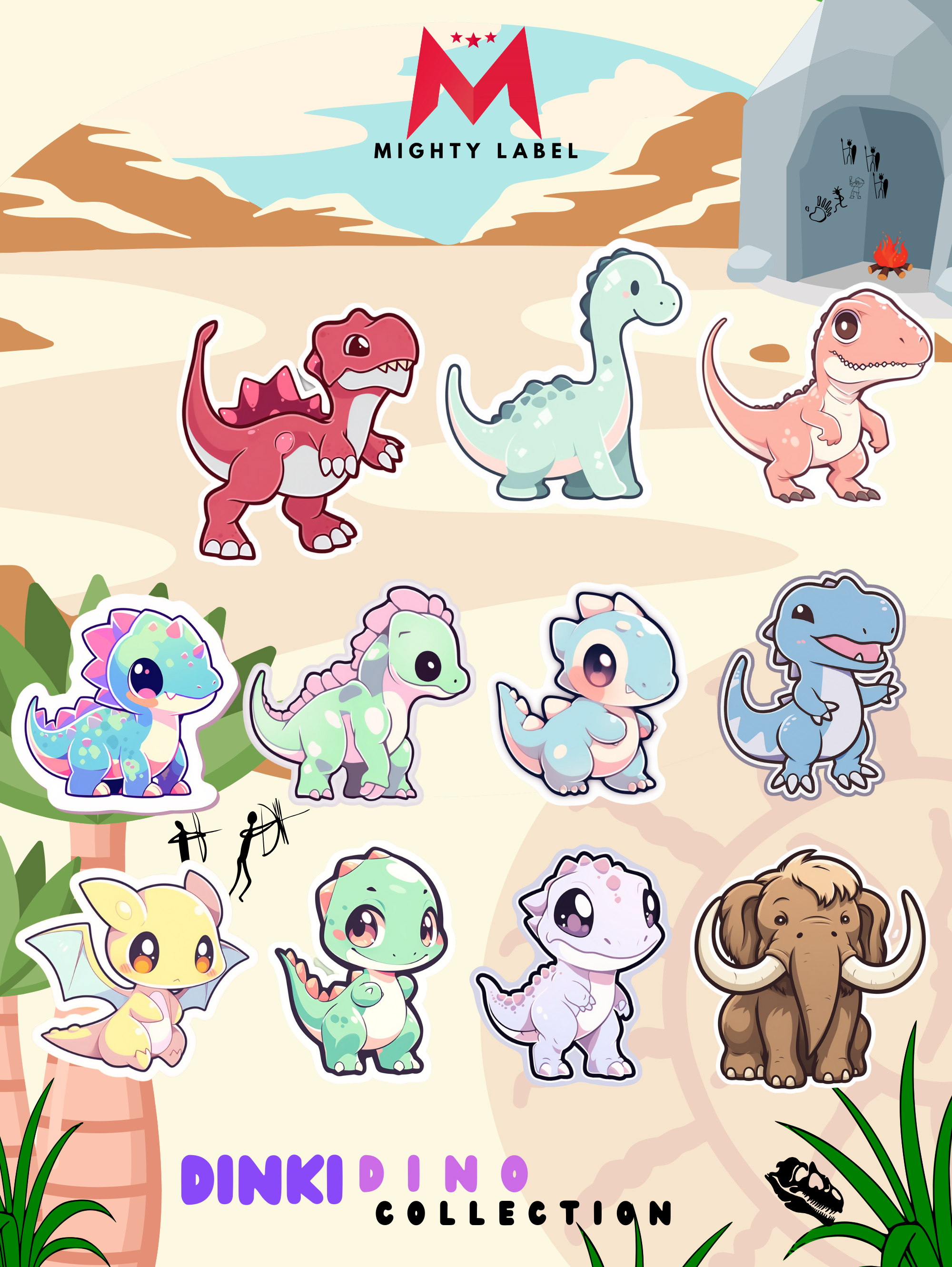 Dinky Dino Sticker Pack - 12 Waterproof Vinyl Decals for Kids | The Mighty Label