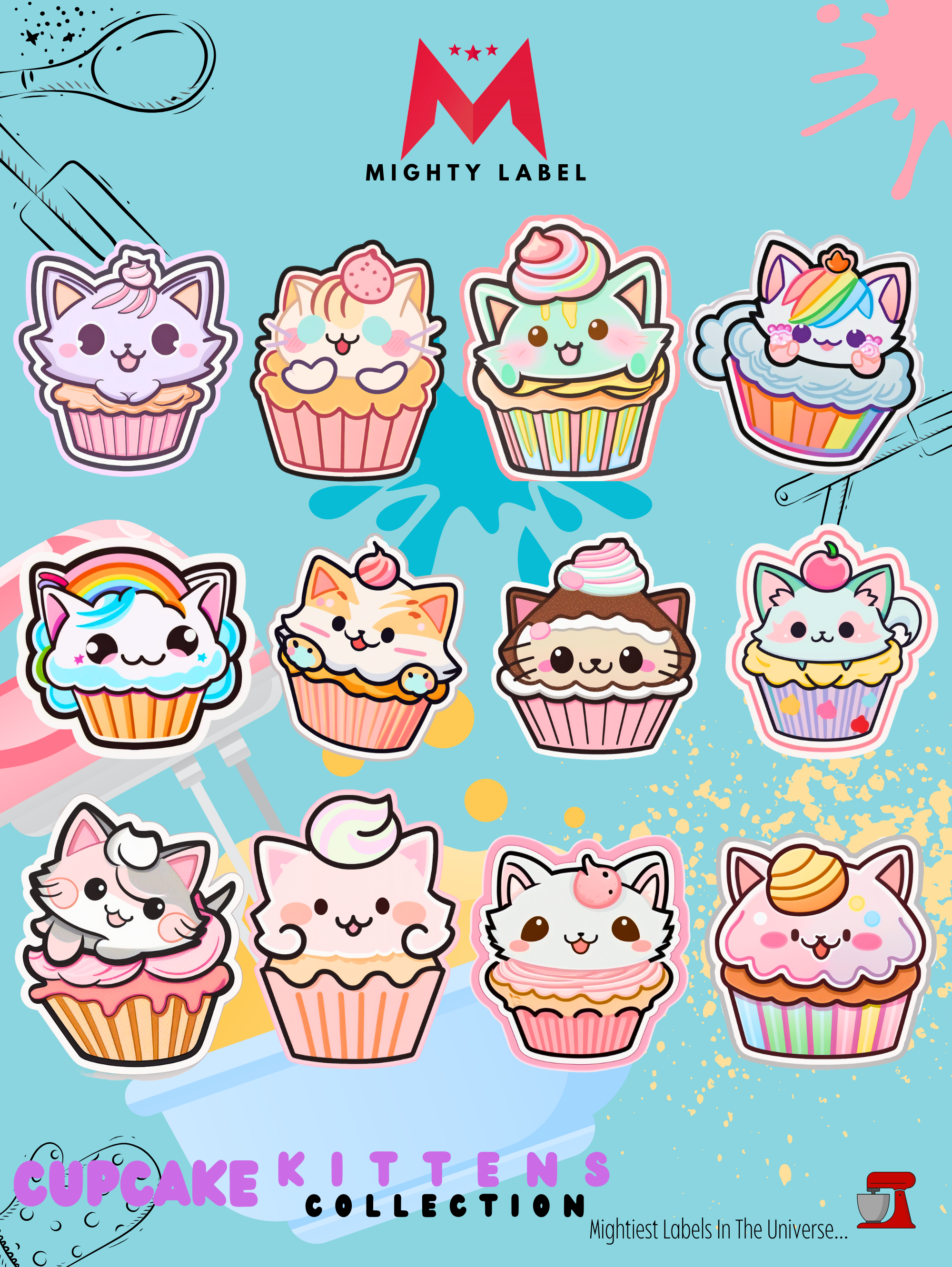Cupcake Kittens Sticker Pack - 12 Water-Resistant Vinyl Decals | The Mighty Label