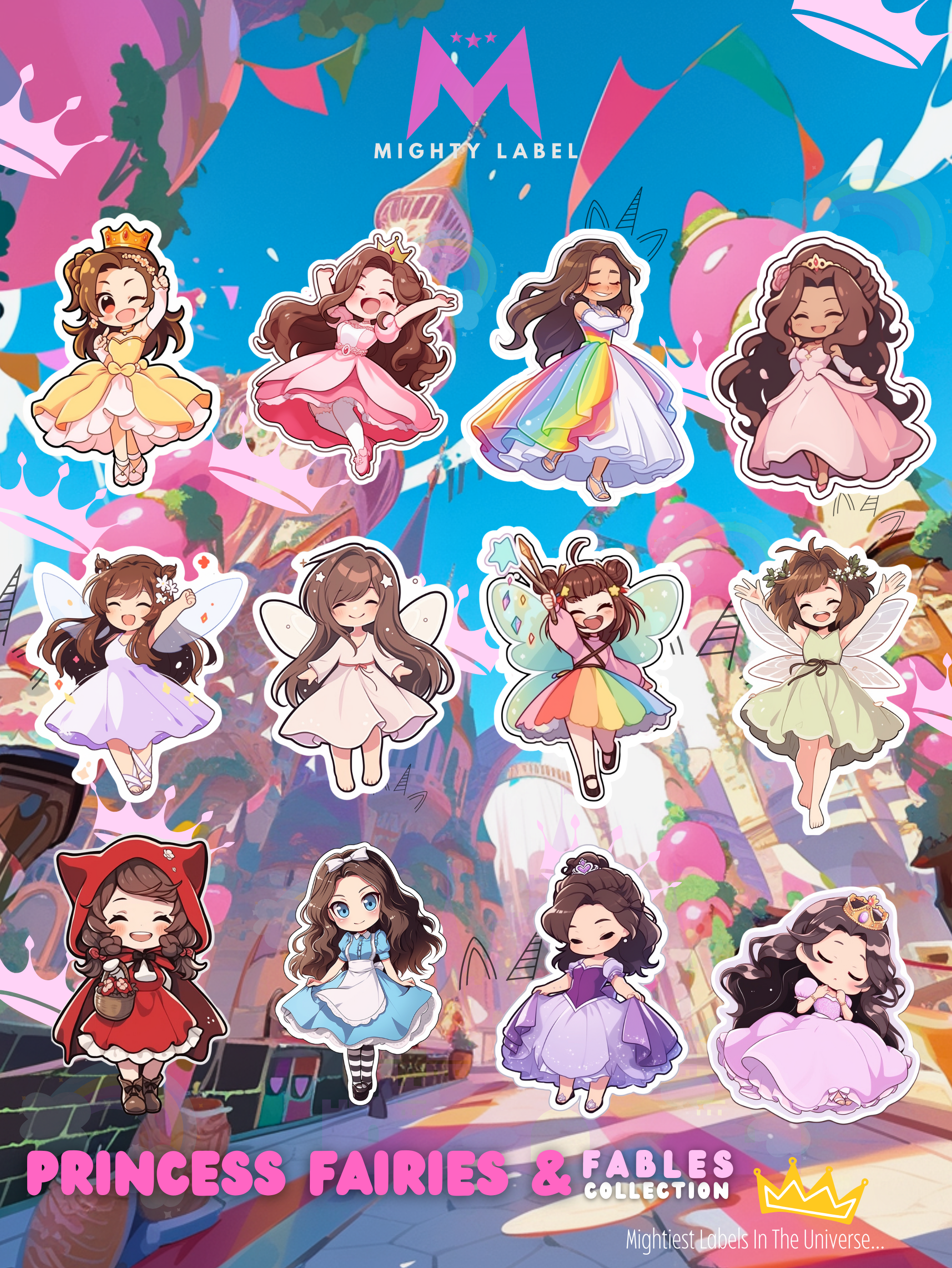 Princess & Fairy Sticker Pack - 12 Water-Resistant Vinyl Decals | The Mighty Label (Brunette)