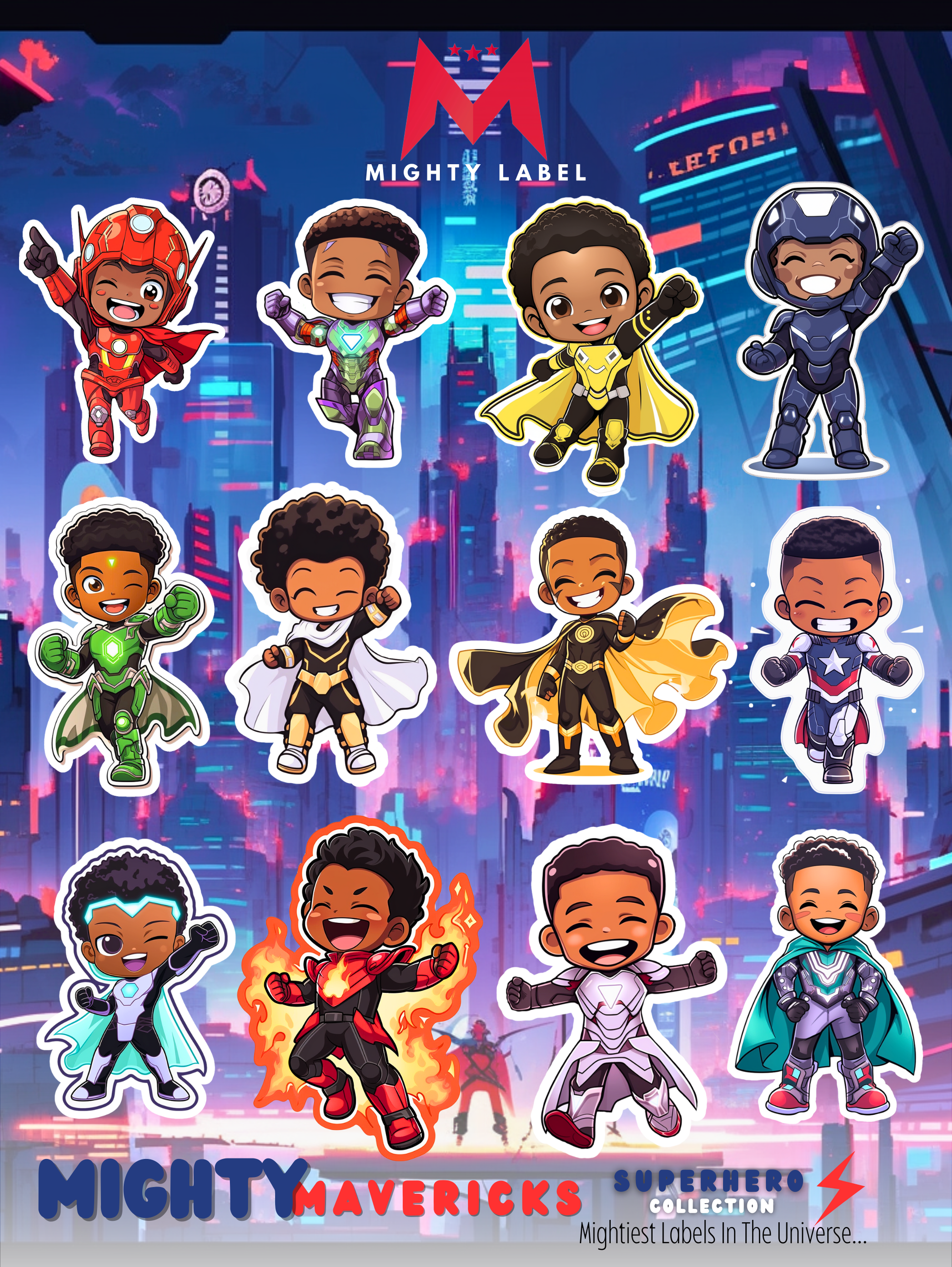 Superhero Vinyl Stickers (12-Pack) - For Water Bottles, Laptops & More | The Mighty Label (Black Characters)