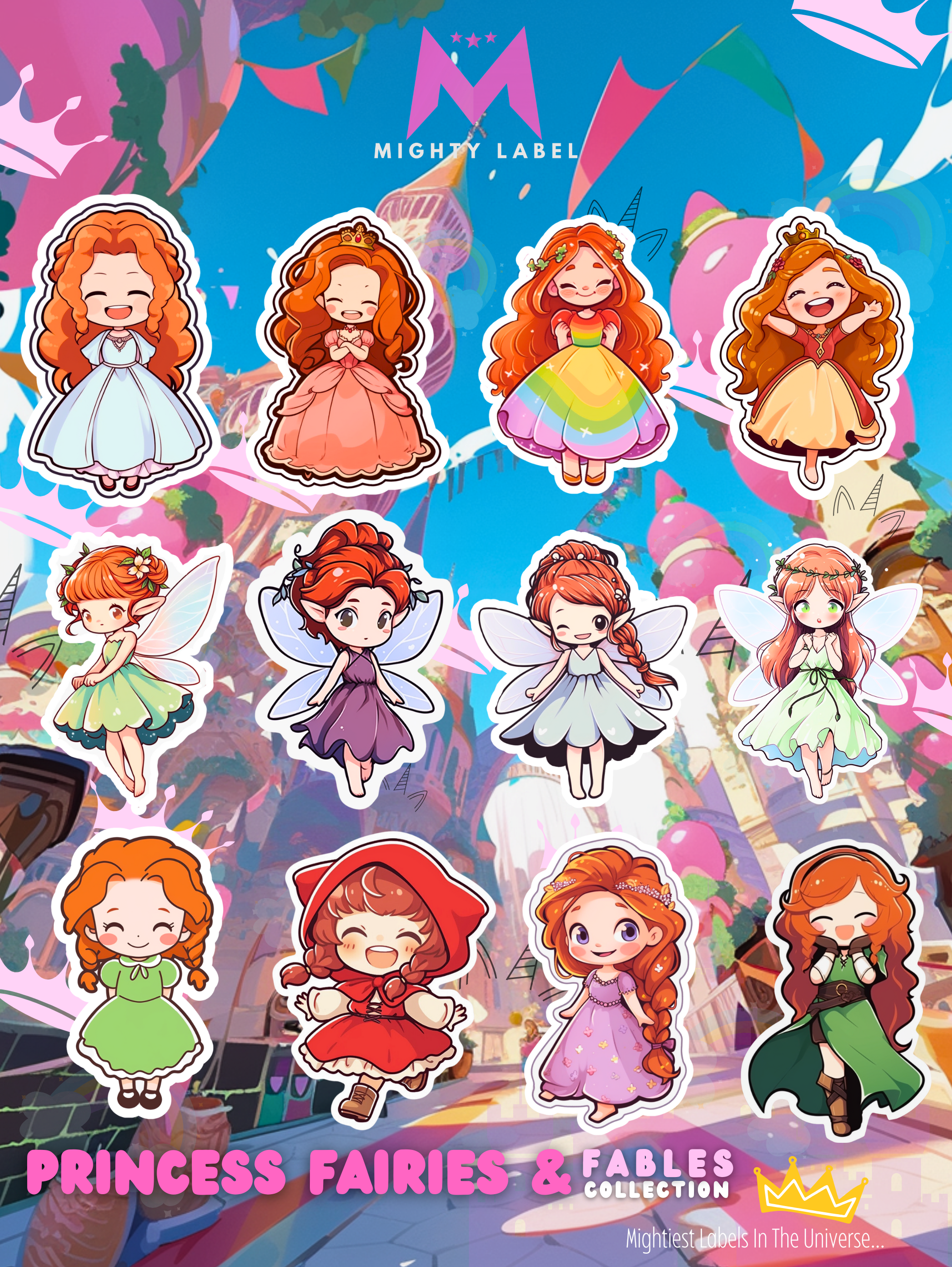 Princess & Fairy Sticker Pack - 12 Water-Resistant Vinyl Decals | The Mighty Label (Red Head)