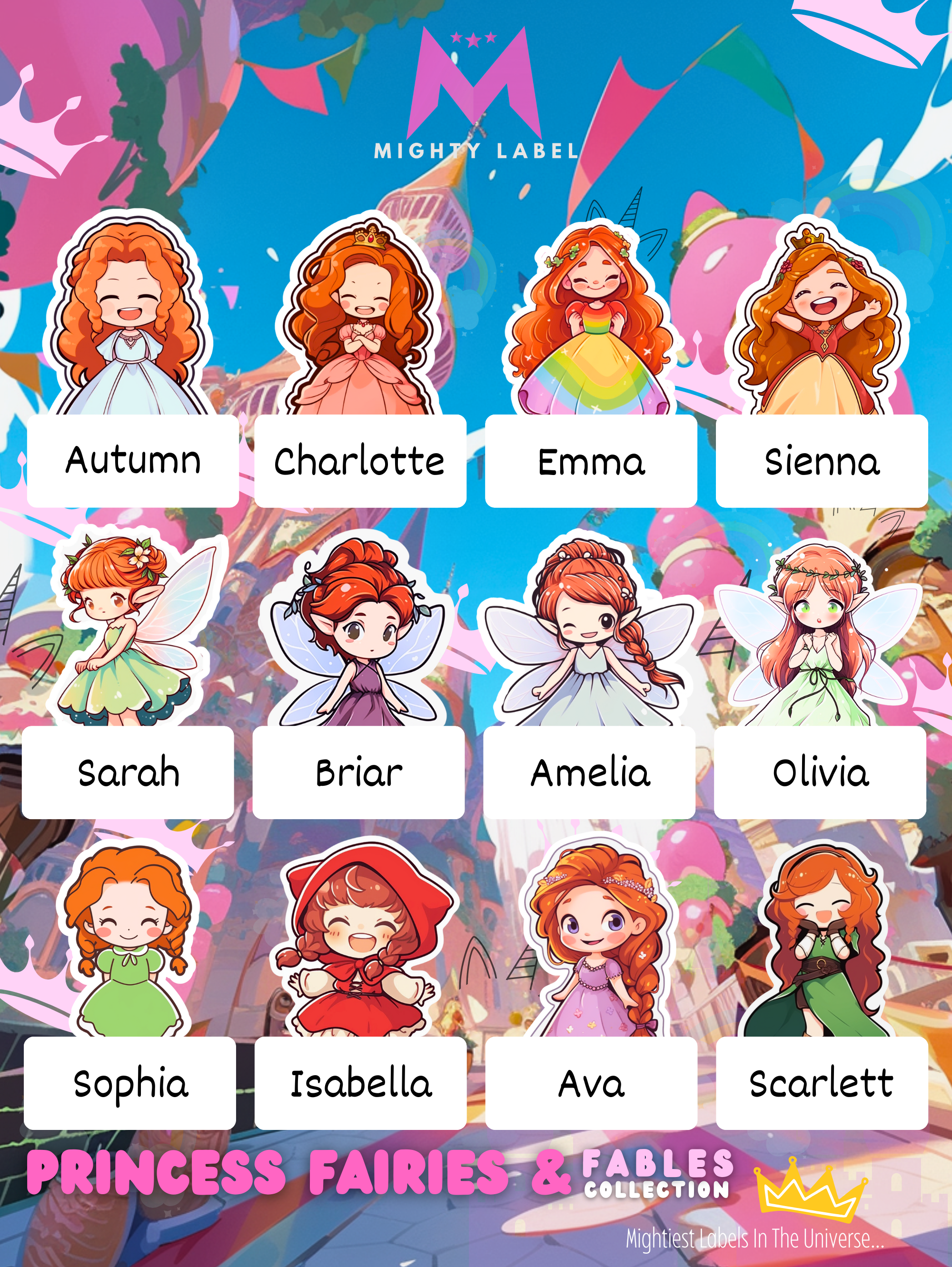 Personalised Princess Name Labels - Water-Resistant for School Gear | The Mighty Label (Red Head)