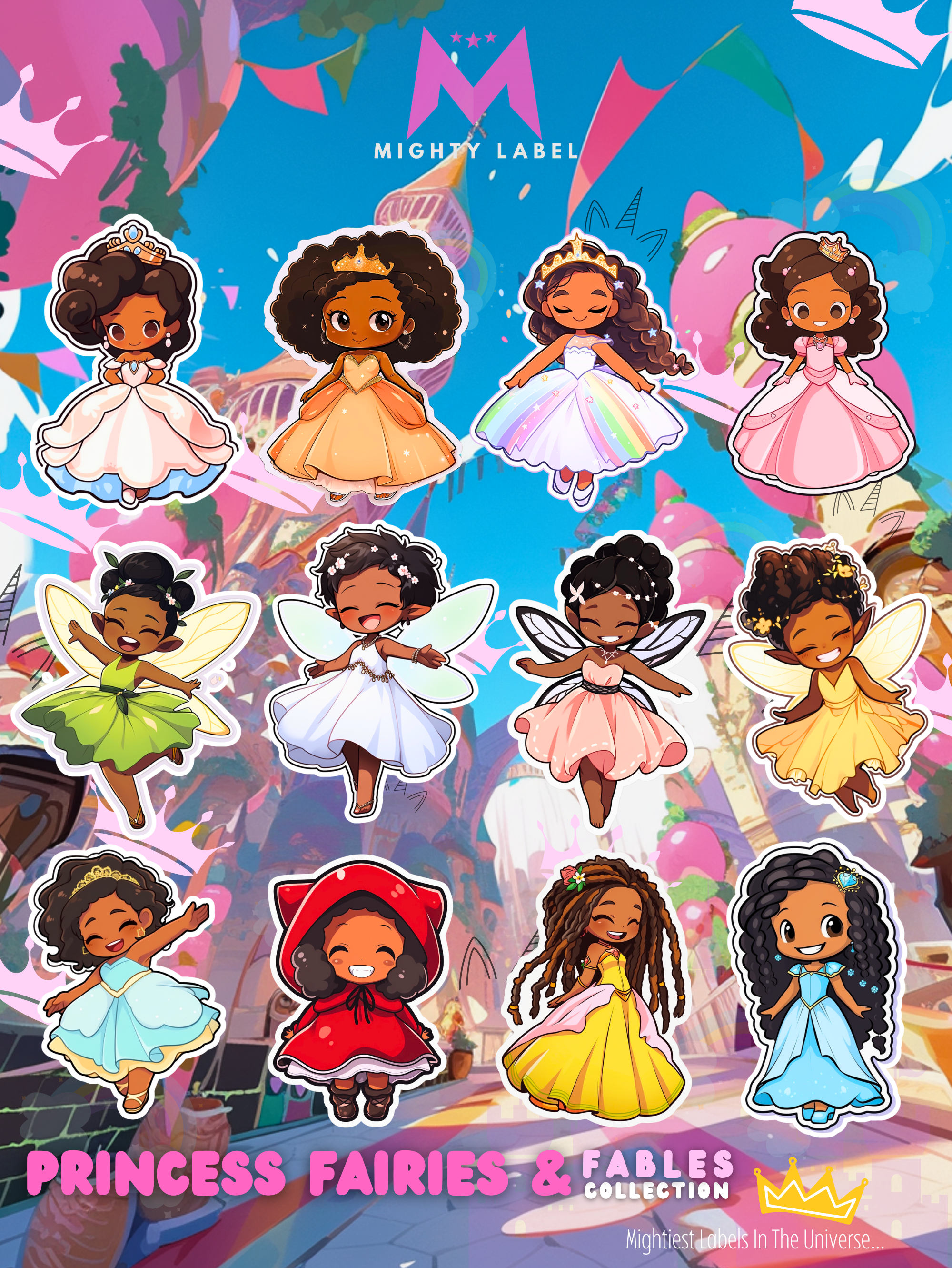Princess & Fairy Sticker Pack - 12 Water-Resistant Vinyl Decals | The Mighty Label (Black Characters)