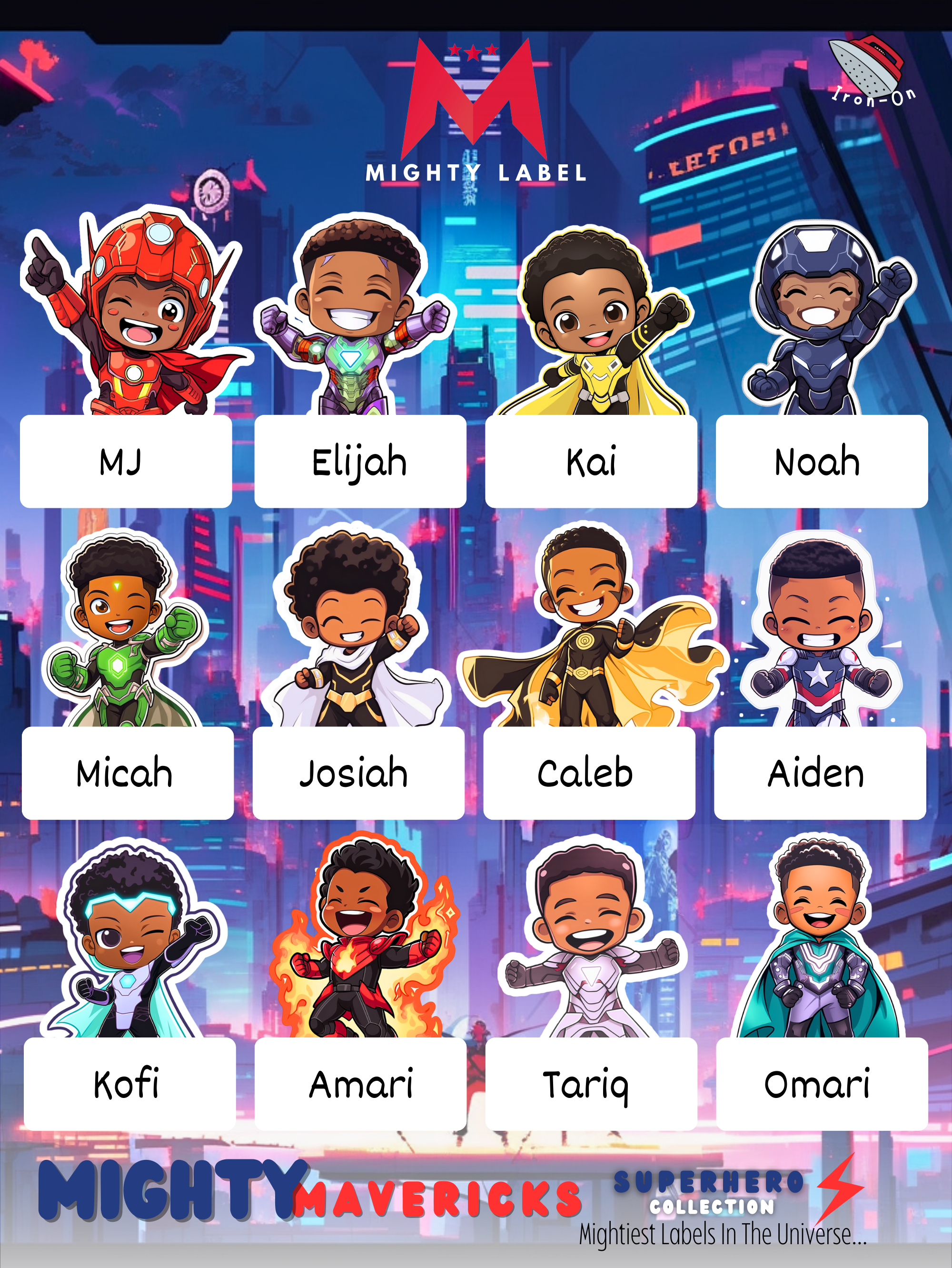 Personalised Superhero Iron-On Labels - Washer & Dryer Safe | The Mighty Label (Black Characters)