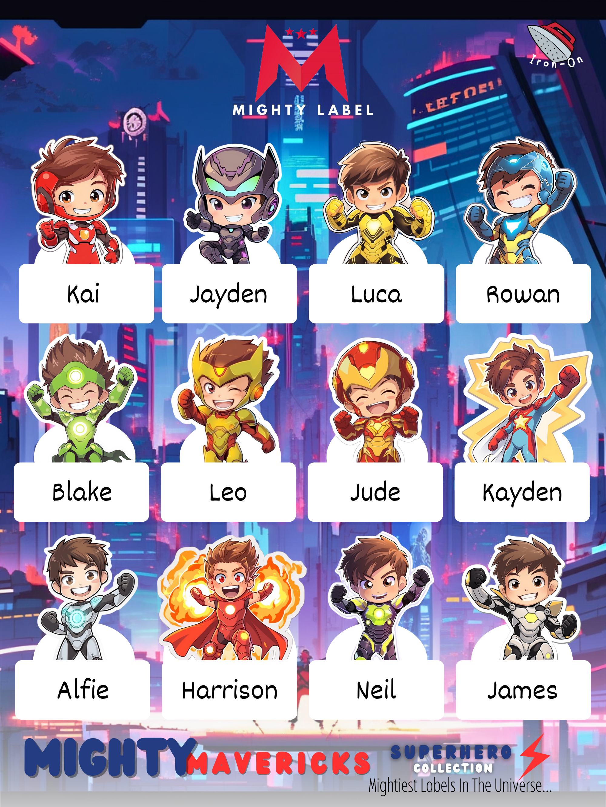 Personalised Superhero Iron-On Labels - Washer & Dryer Safe | The Mighty Label (Brunette)