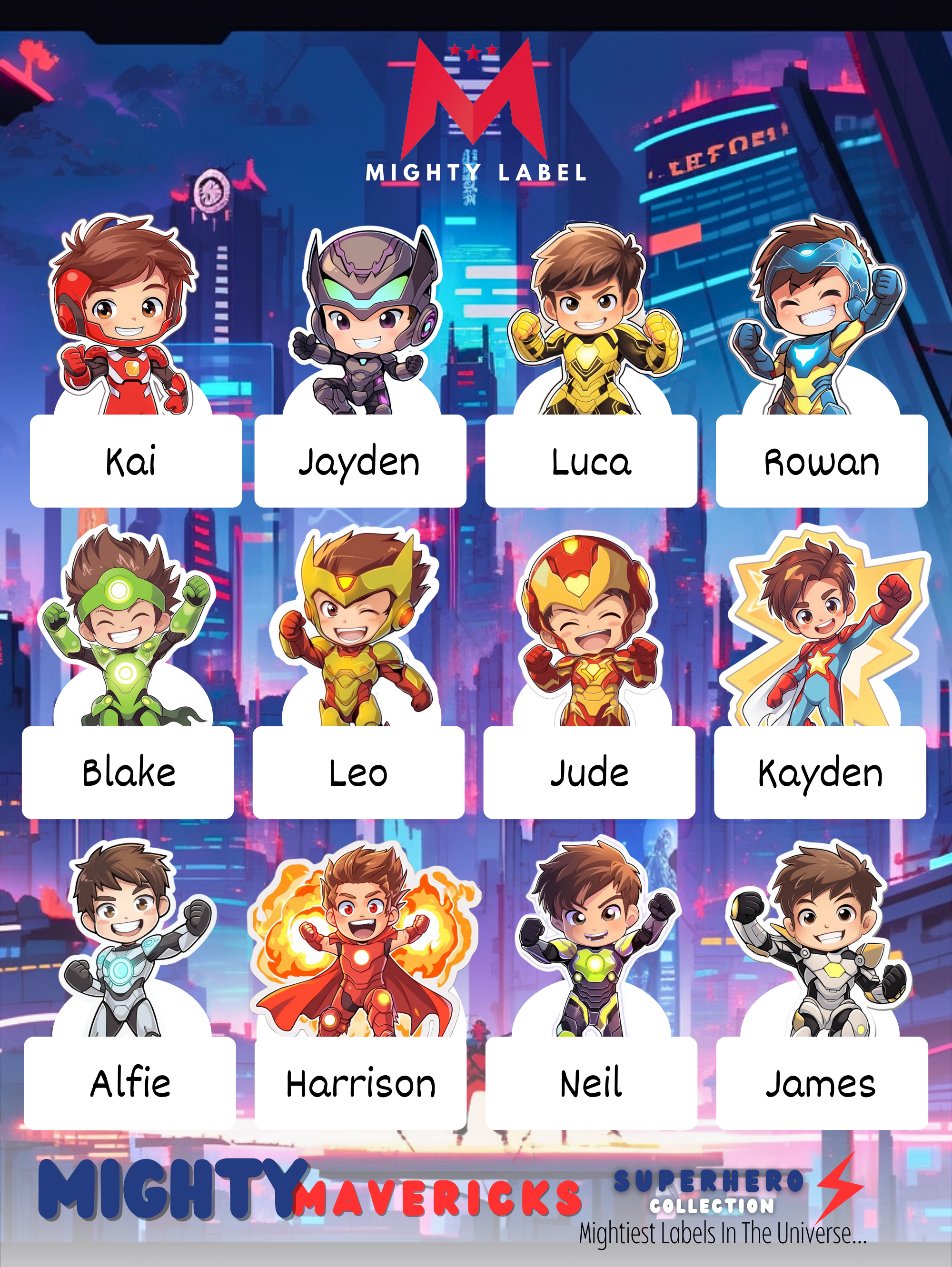 Personalised Superhero Name Labels - Waterproof for School Supplies | The Mighty Label (Brunette)