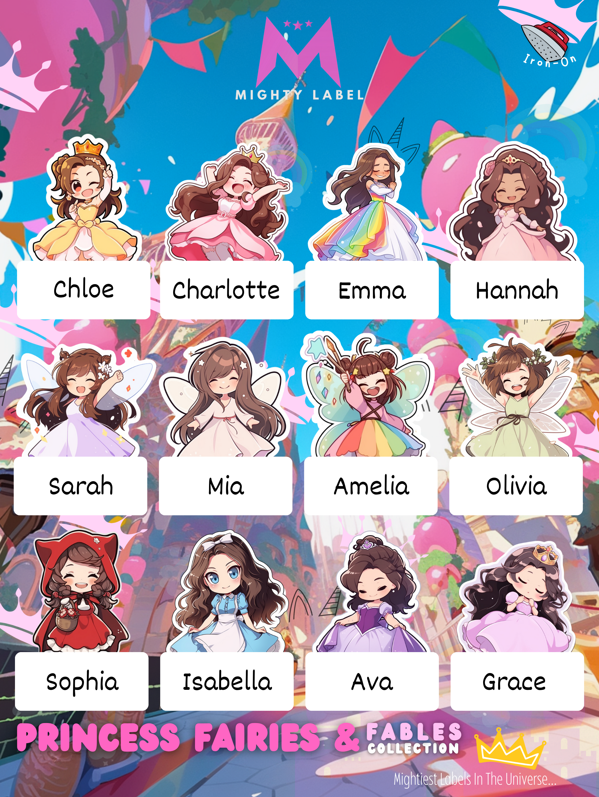 Magical Princess Clothing Labels - Pack of 24, Tumble-Dry Safe | The Mighty Label (Brunette)