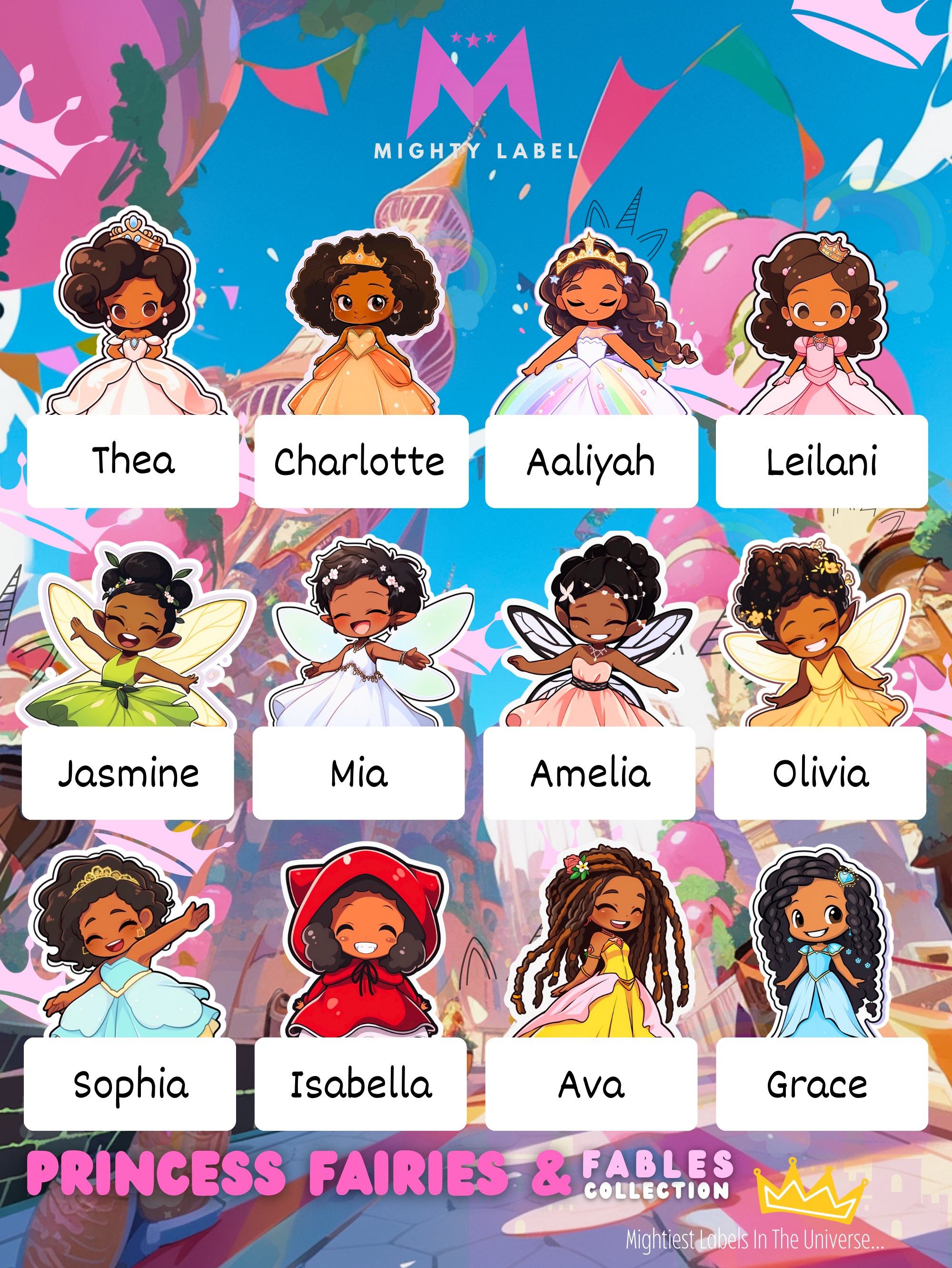 Personalised Princess Name Labels - Water-Resistant for School Gear | The Mighty Label (Black Characters)