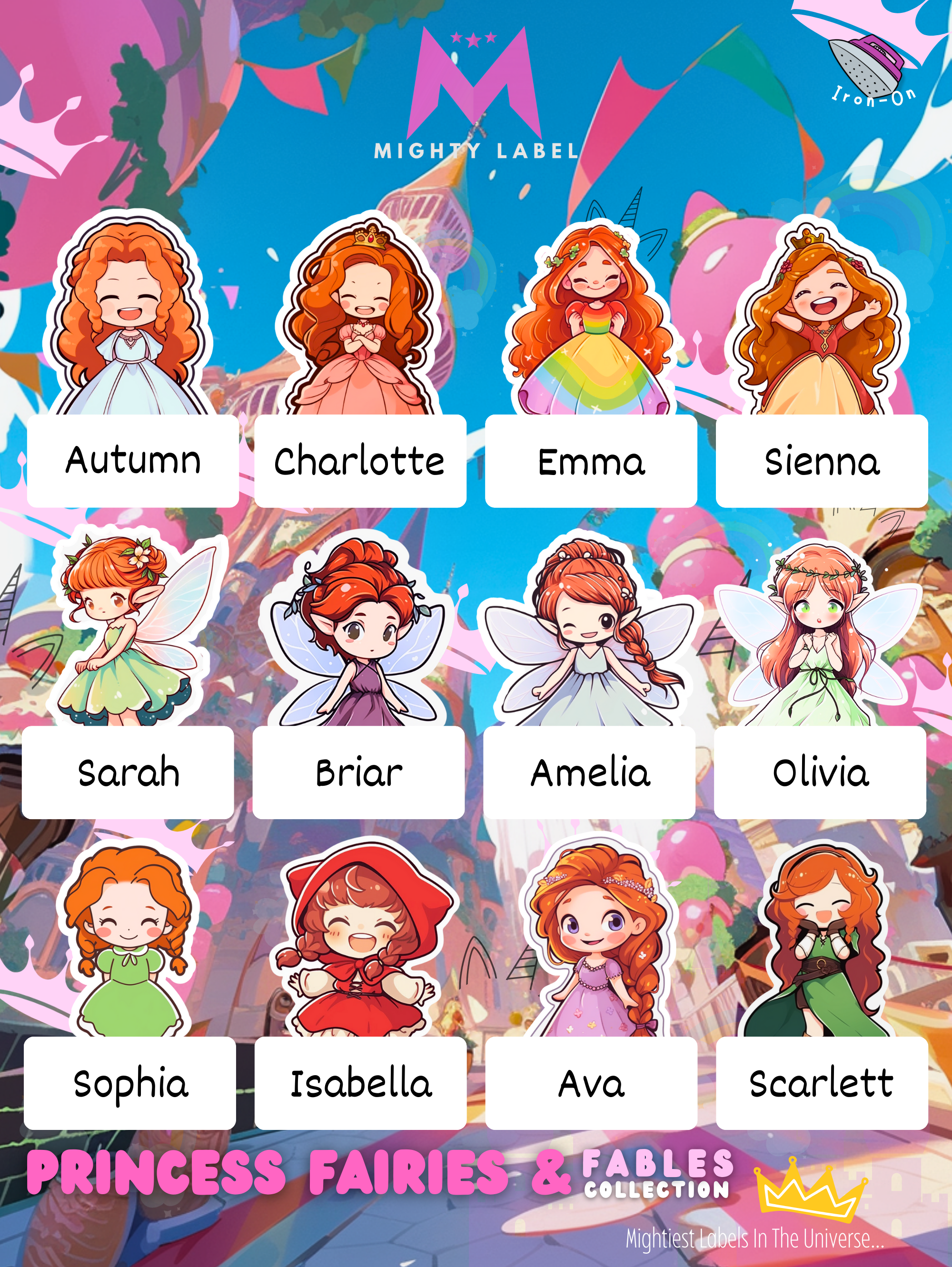 Magical Princess Clothing Labels - Pack of 24, Tumble-Dry Safe | The Mighty Label (Red Head)