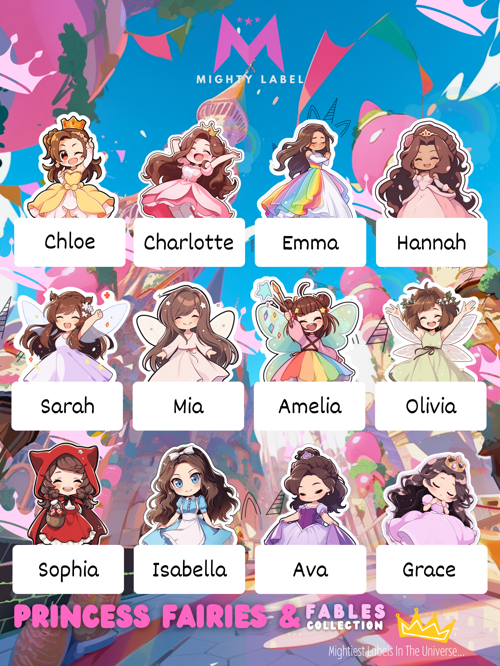 Personalised Princess Name Labels - Water-Resistant for School Gear | The Mighty Label (Brunette)