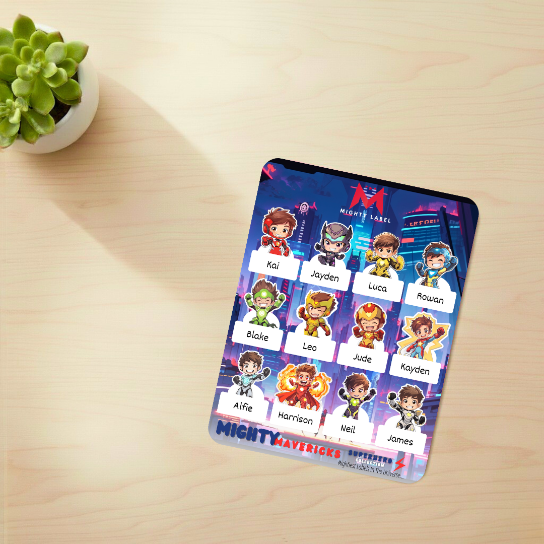 Personalised Superhero Name Labels - Waterproof for School Supplies | The Mighty Label (Brunette)