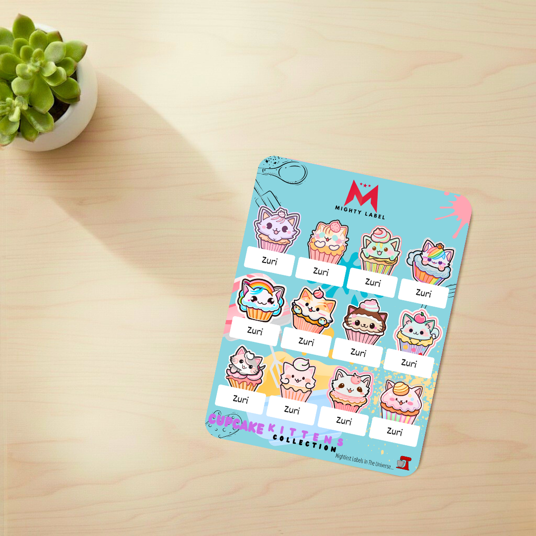 Personalised Cupcake Kitten Name Labels - Water-Resistant for School Gear | The Mighty Label