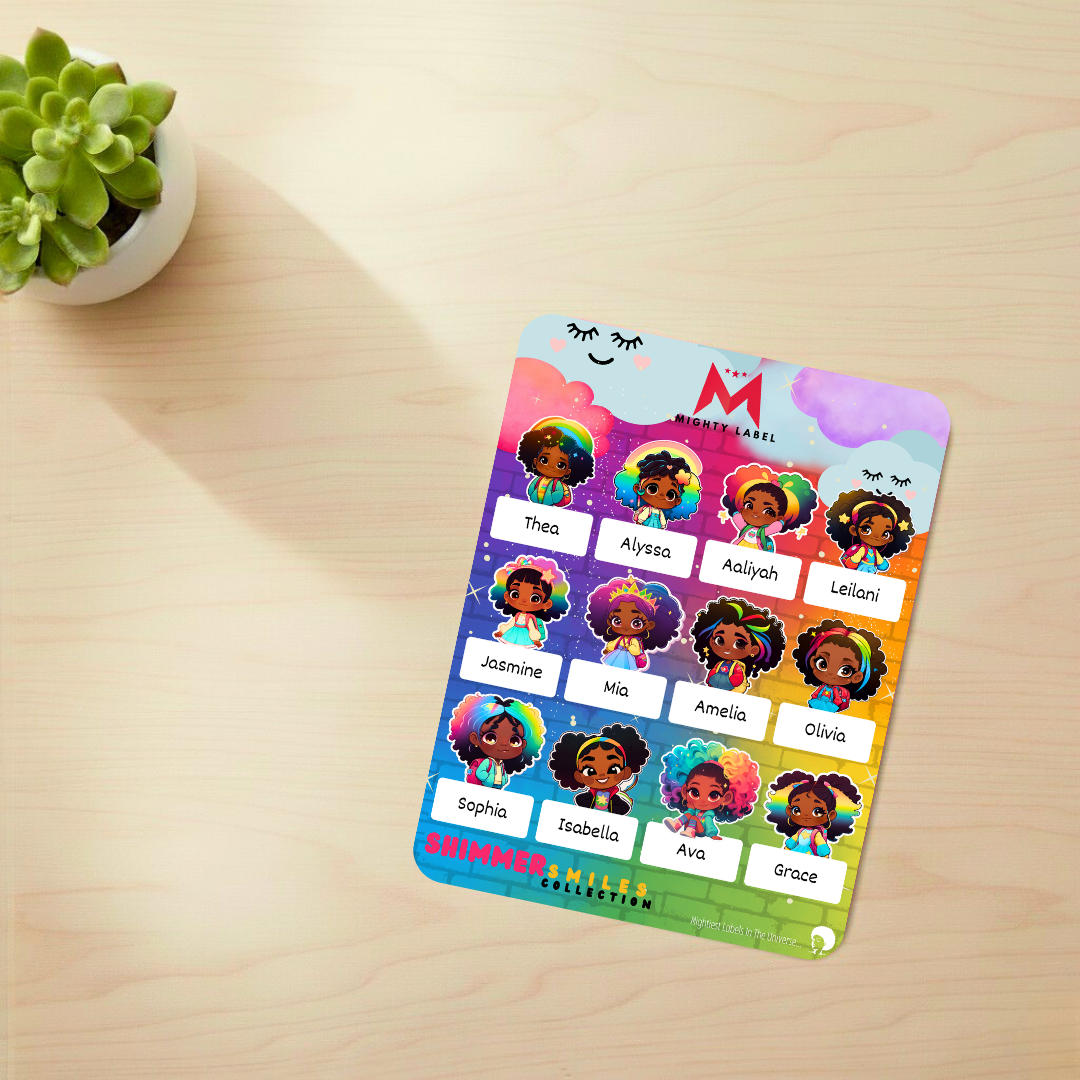 Personalised Shimmer Smiles Name Labels - Water-Resistant for School Gear | The Mighty Label (Black Character)
