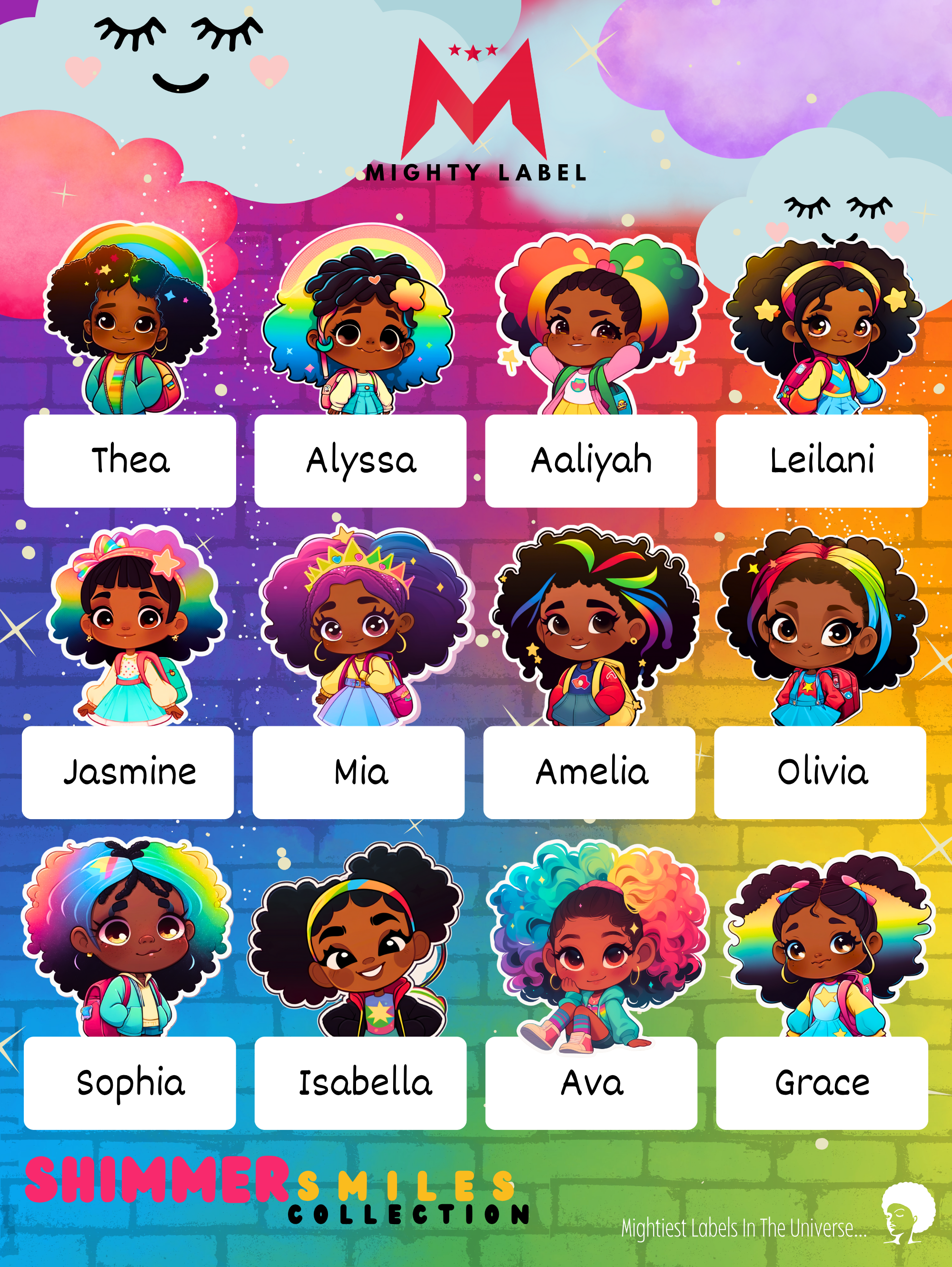 Personalised Shimmer Smiles Name Labels - Water-Resistant for School Gear | The Mighty Label (Black Character)