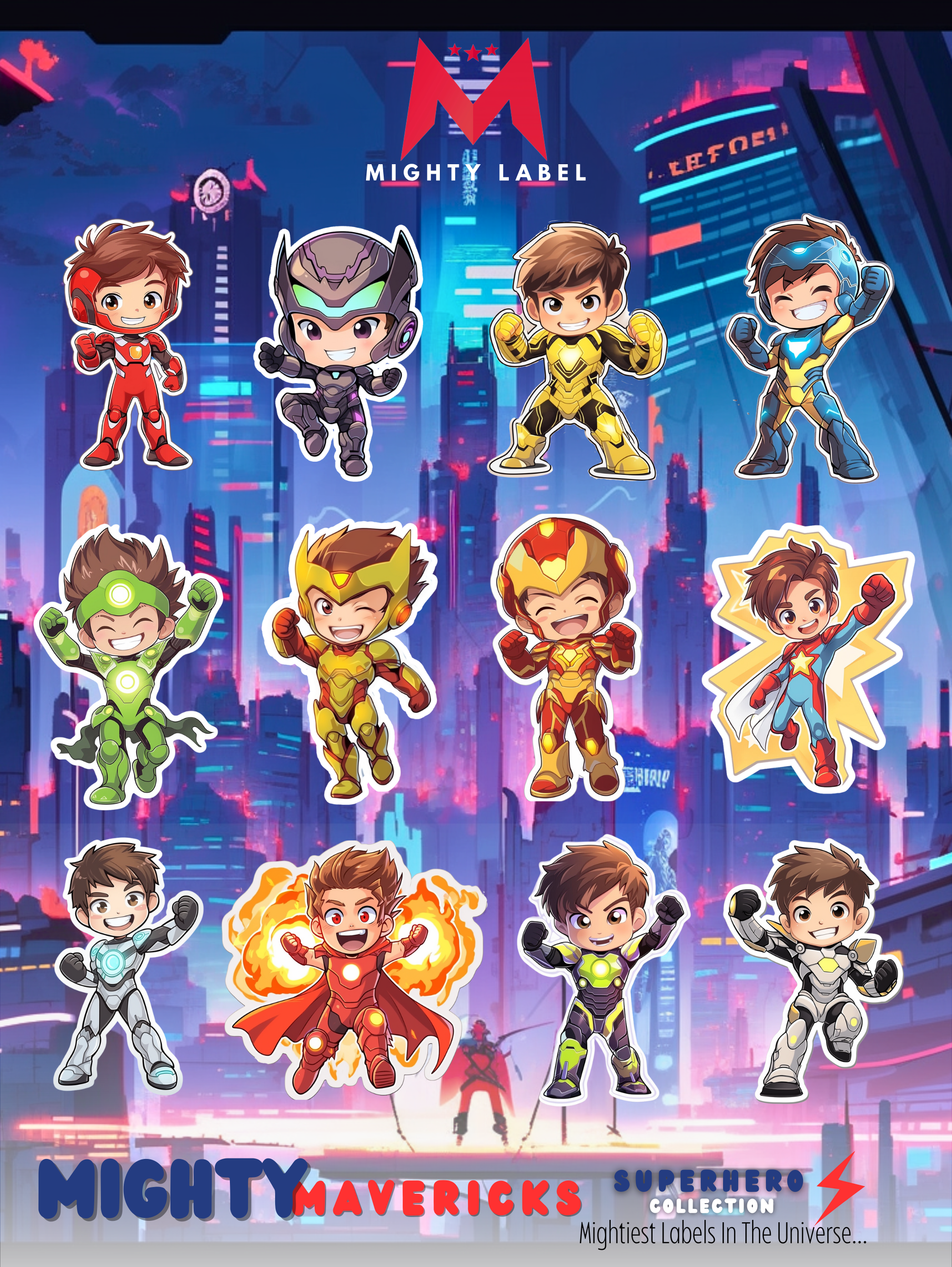 Superhero Vinyl Stickers (12-Pack) - For Water Bottles, Laptops & More | The Mighty Label (Brunette)