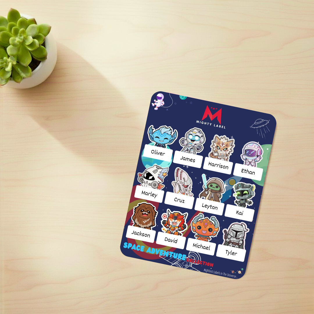 Personalised Space Adventure Name Labels - Water-Resistant Vinyl for School | The Mighty Label